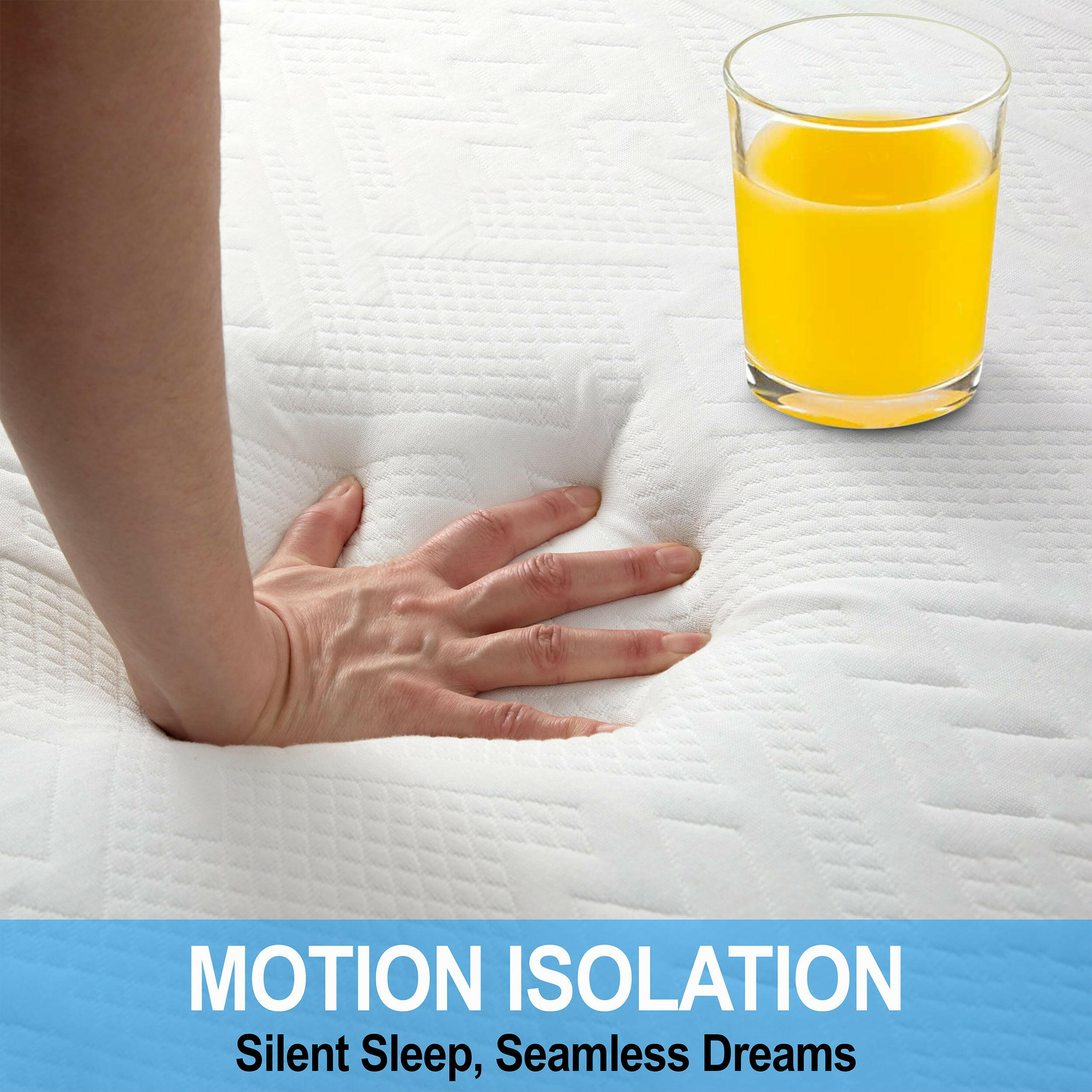 Double memory foam mattress ,hand pressing into the surface and a glass of juice remaining.