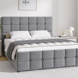Square Ottoman Storage Bed in grey velvet with tufted headboard and footboard. Velvet Ottoman Bed Frame by DHS, ideal for modern bedroom storage.