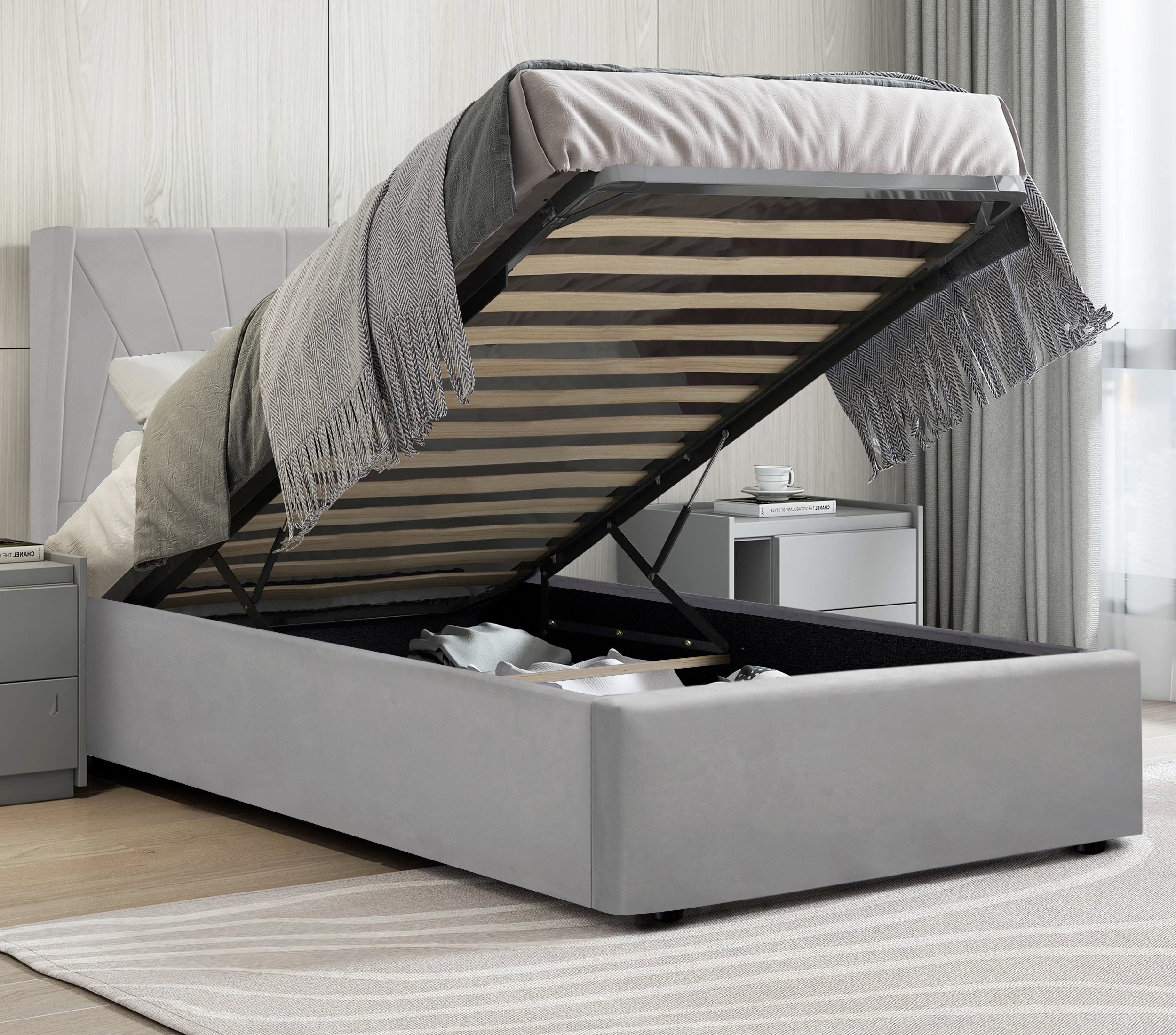 Stylish double ottoman storage bed with upholstered frame and hidden storage compartment.