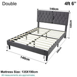 Double size bed frame, 4ft 6in with tufted headboard and wooden slat support base.