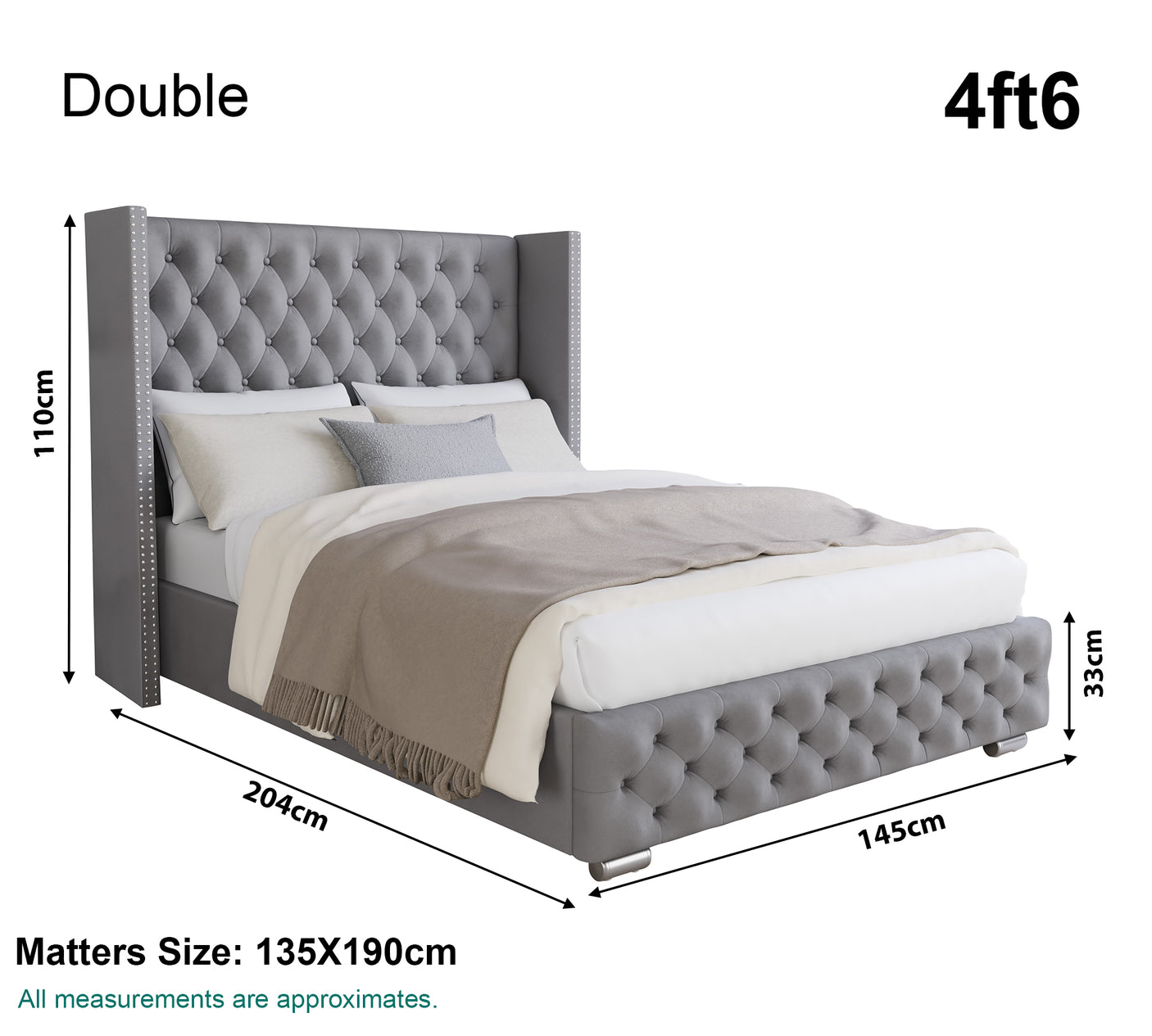Double-size bed 110x204x145 cm, offering spacious comfort for couples and larger rooms