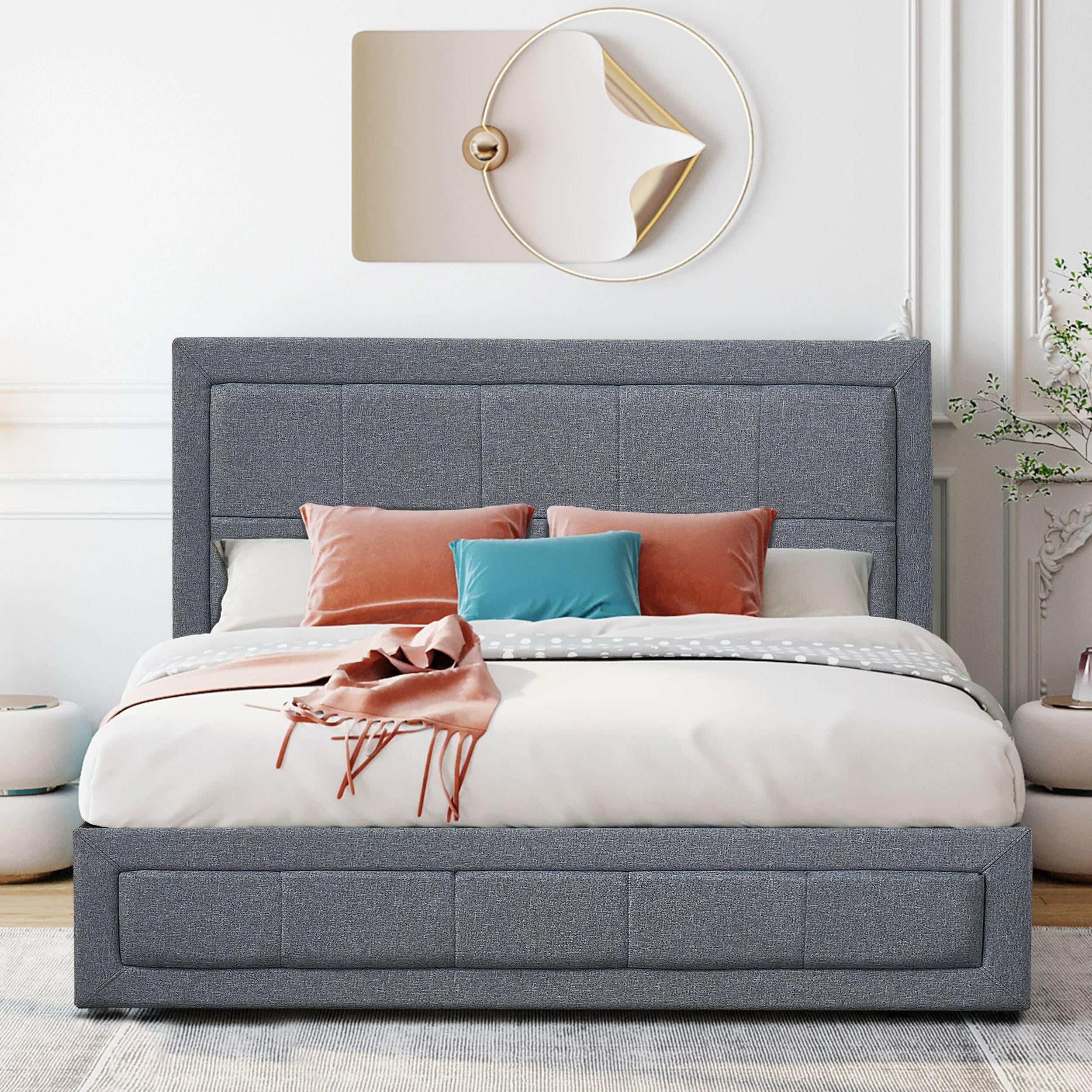 Double storage bed with mattress, grey upholstered frame, spacious storage underneath, modern design.