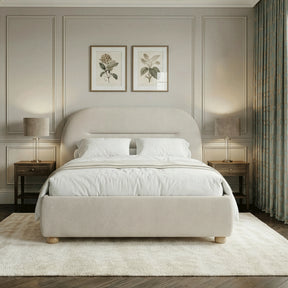 Front view of beige upholstered double bed frame with a soft headboard and clean design