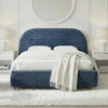 Front view of the blue double upholstered bed frame with plush headboard and clean design