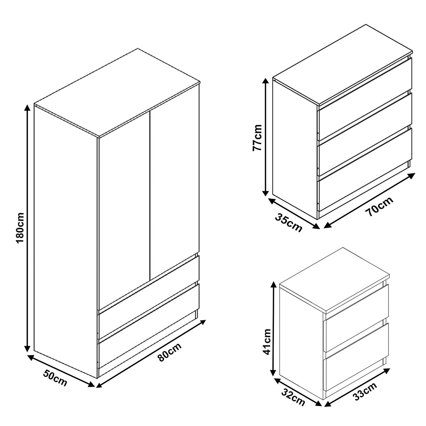 High Gloss 3 Piece Bedroom Set- 2 Door Wardrobe With Drawers