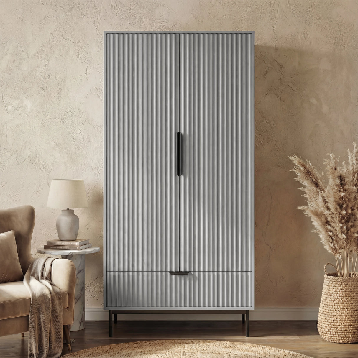 Flutrina design 2 door wardrobe with black door handles and legs placed against a wall in a room