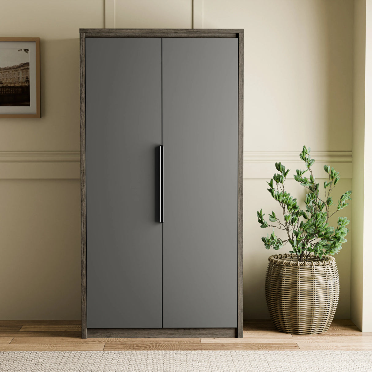 Skova 3 Piece Bedroom Set wardrobe in dark grey with wood frame and black handle, ideal for modern UK bedroom furniture sets.