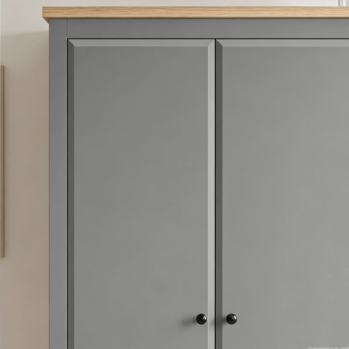 [Grey] Haven Grey 2 Door Double Wardrobe with Shelves and Hanging Rail close-up look at the upper paneling and top surface.