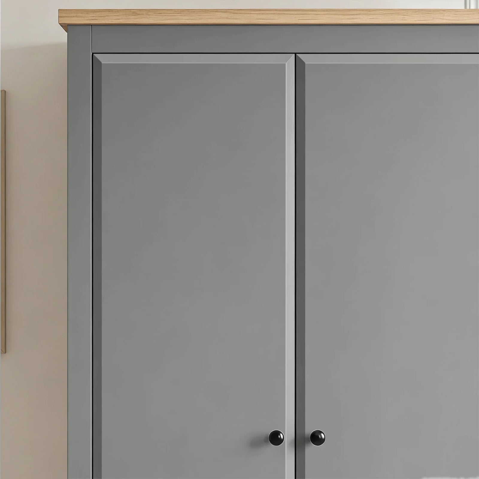 [Grey] Haven Grey 2 Door Double Wardrobe with Shelves and Hanging Rail close-up look at the upper paneling and top surface.
