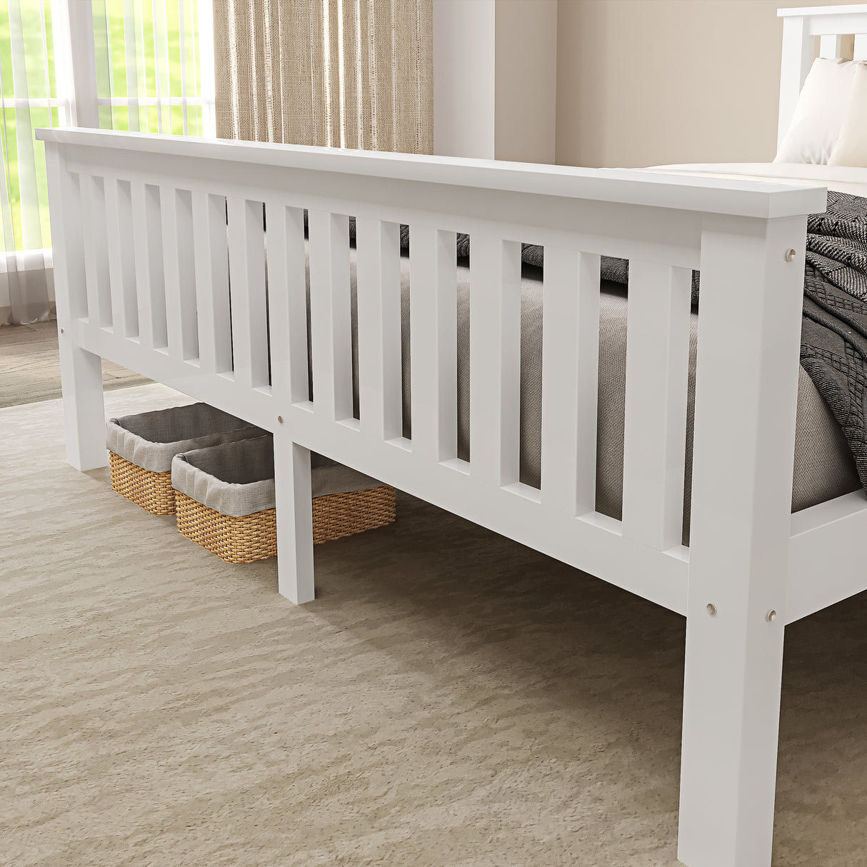 Double white wooden bed frame, combining style and durability for a serene bedroom atmosphere.