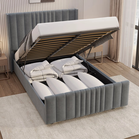 Winged Ottoman Bed Frame with Lines in grey velvet featuring vertical panel design and spacious under-bed storage with gas lift mechanism.