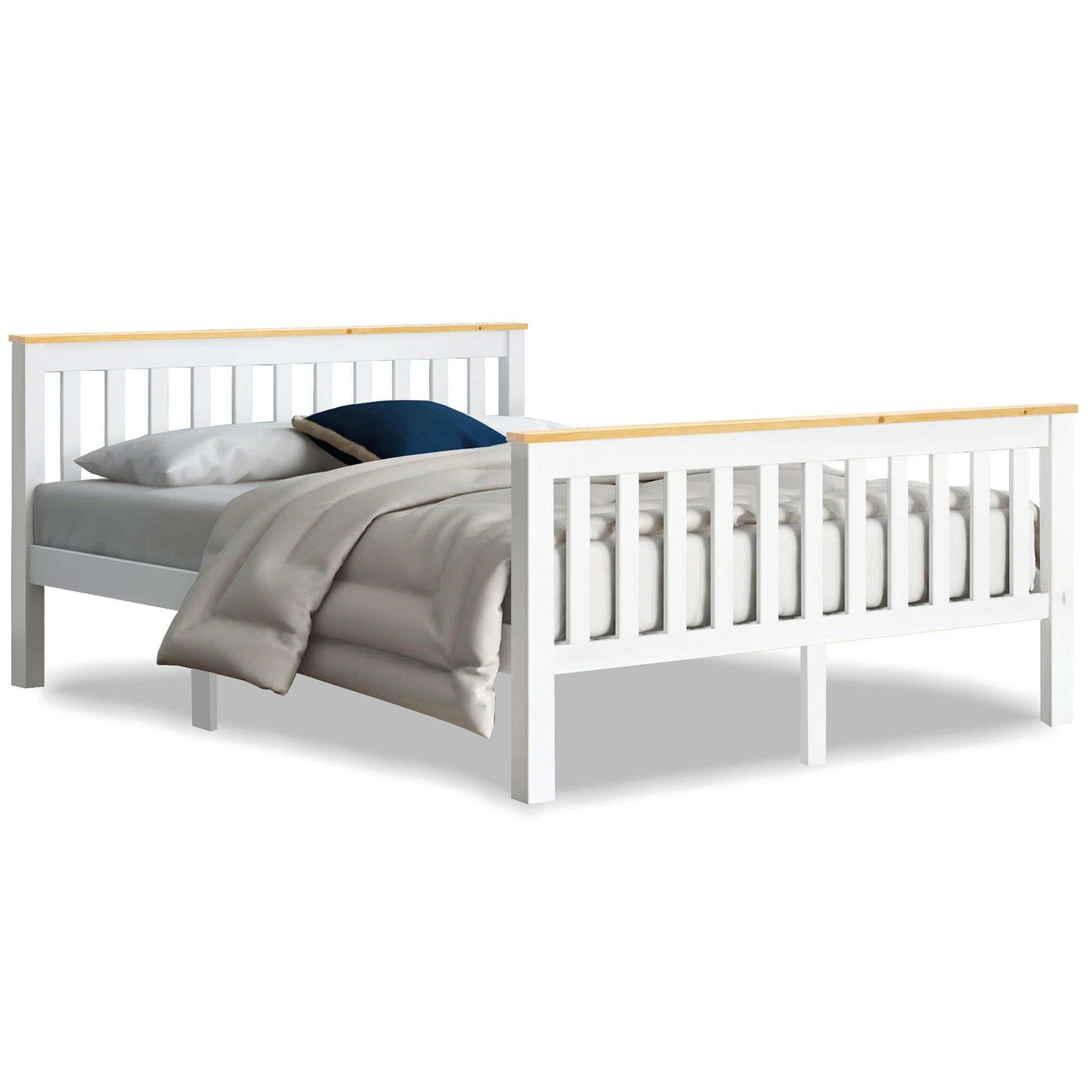 Double wooden bed frame in white with natural wood finish, sturdy slatted headboard.