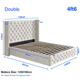Cross Pattern Velvet Ottoman Storage Bed in beige with winged headboard, double size 4ft6, featuring lift-up slatted base and upholstery.