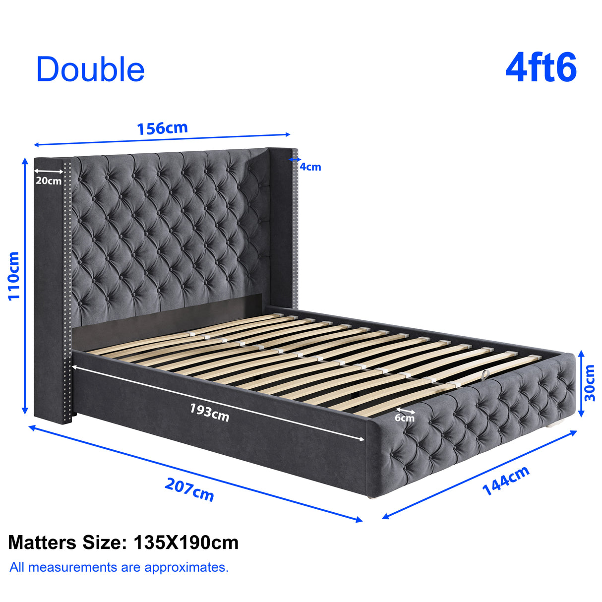 Cross Pattern Velvet Ottoman Storage Bed in dark grey with winged headboard, double size 4ft6, featuring lift-up slatted base and tufted upholstery.