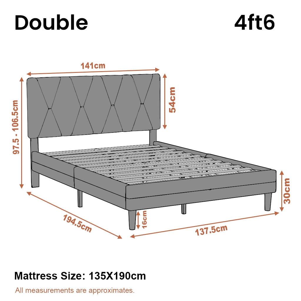Velvet Upholstered Bed Frame in Grey & Beige with Adjustable Headboard