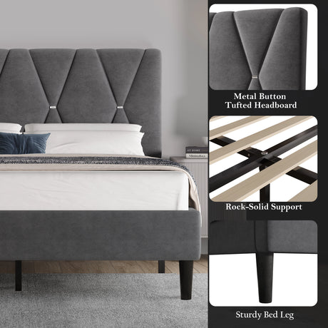 Gray tufted headboard bed with close-up details on metal buttons, support, and legs.