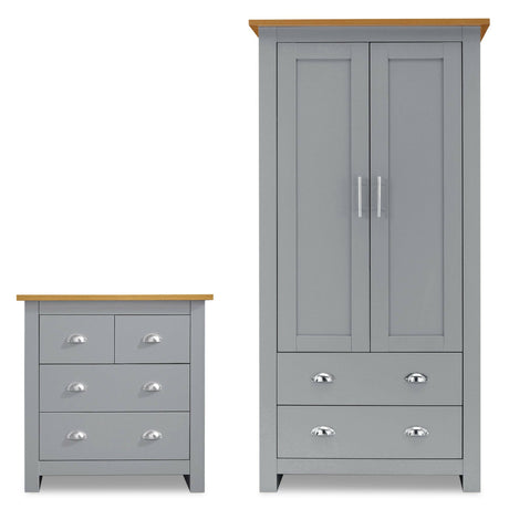 Drawer and wardrobe set in grey with a wooden top, featuring a 2-door wardrobe & a chest of drawers.