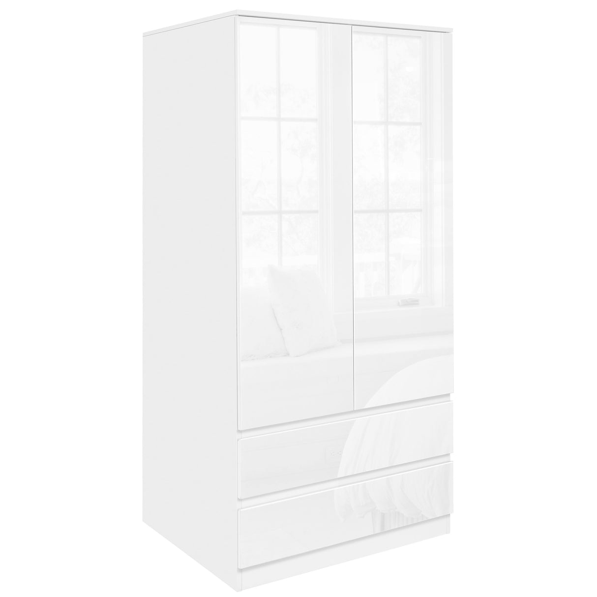 White 2-door wardrobe with drawers set for efficient bedroom storage.