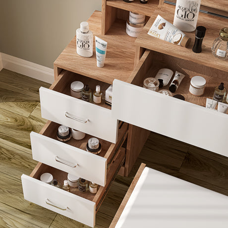 Dressing table with drawers, storage, mirror, and matching stool for a stylish and functional setup.