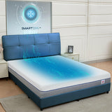 Dreams king size mattress with SmartCool  technology on a modern blue bed frame.