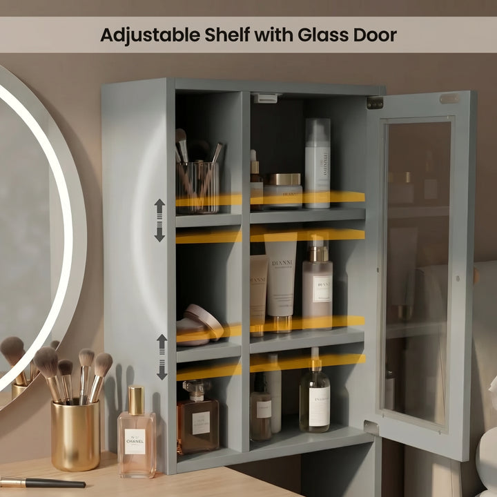 [Grey] Linra Grey Painted Dressing Table with LED Mirror and Storage close-up graphic showing the adjustable shelf inside.