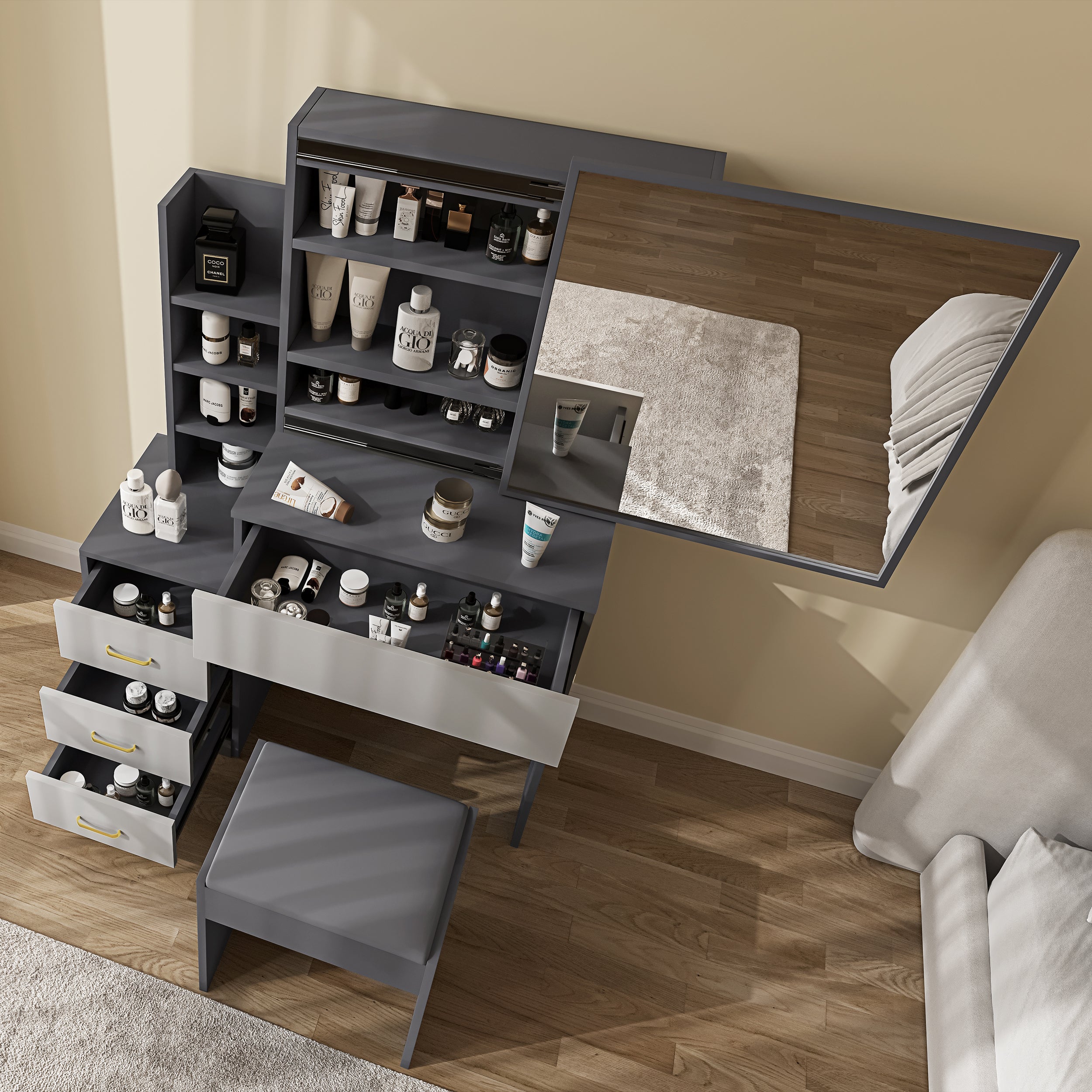 Grey and silver grey dressing table and drawers – Stylish bedroom furniture.