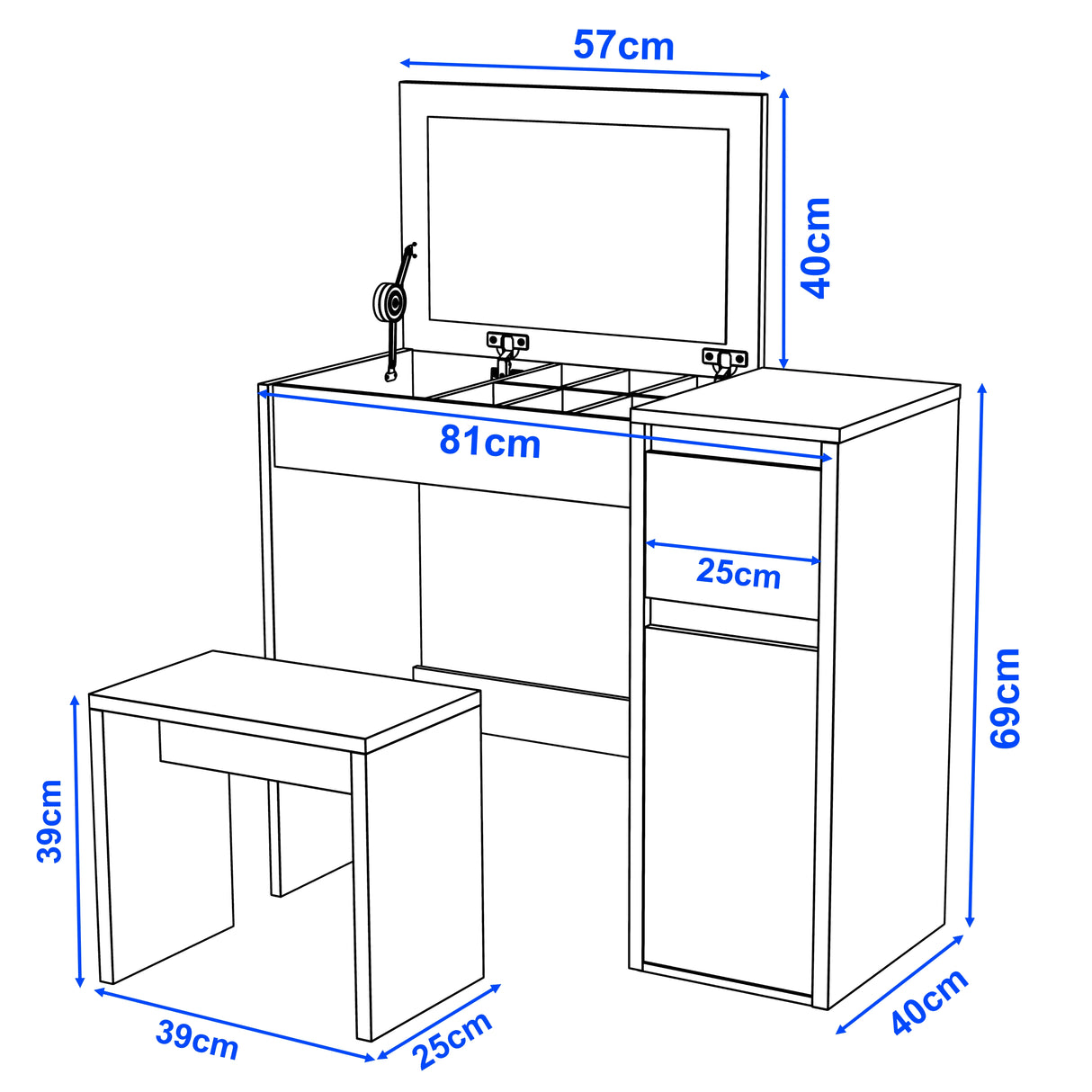 Makeup Dressing Table With Stool & FlipUp Mirror With Storage Sections featuring 81cm wide table, 57cm mirror, and 69cm tall side cabinet.