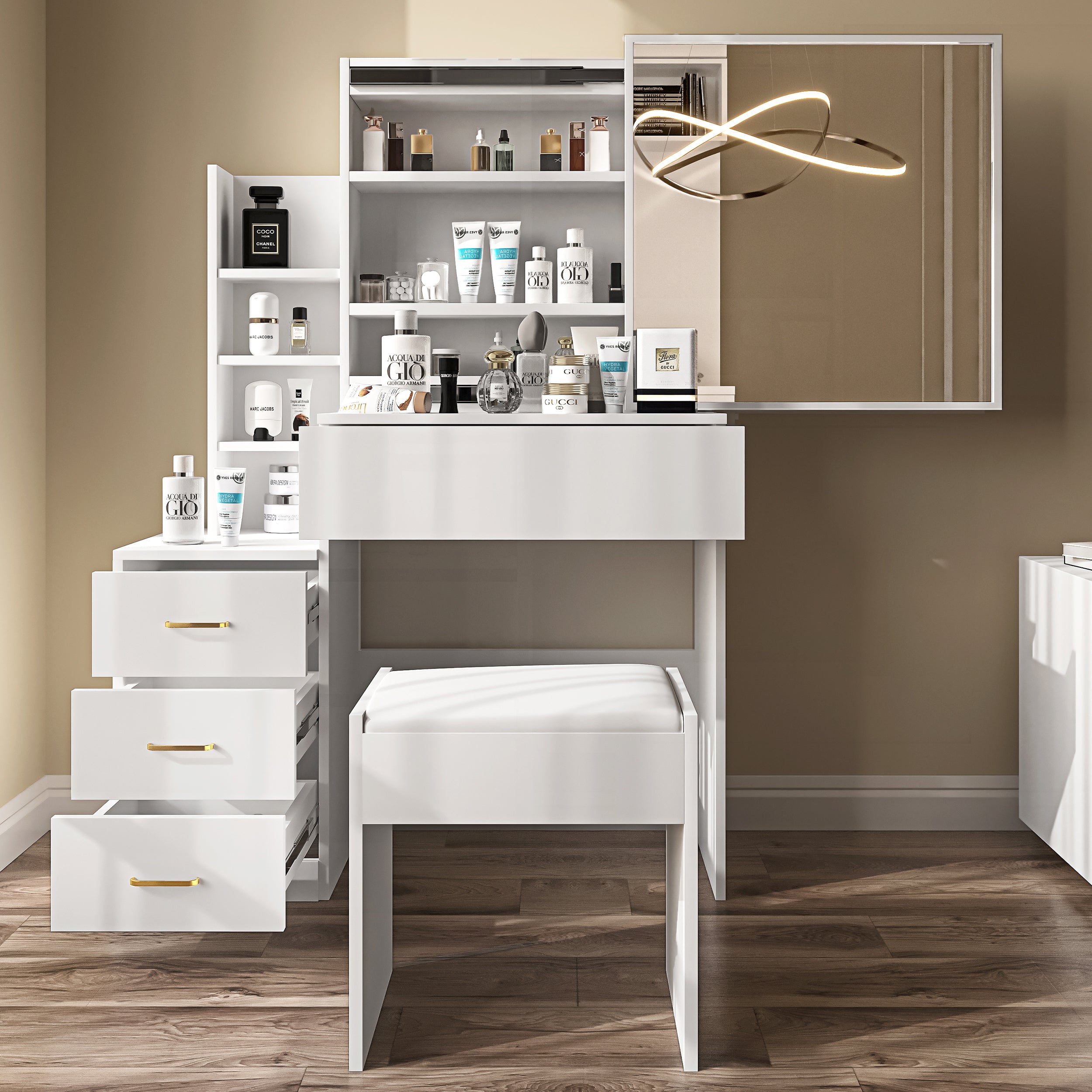 Elegant white dressing table desk with mirror, drawers, and storage shelves.