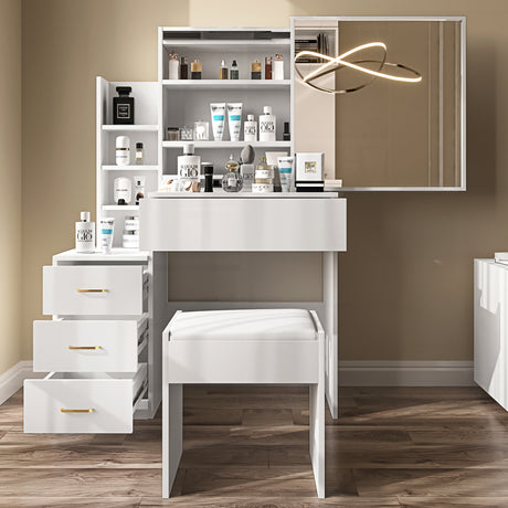 Elegant white dressing table desk with mirror, drawers, and storage shelves.