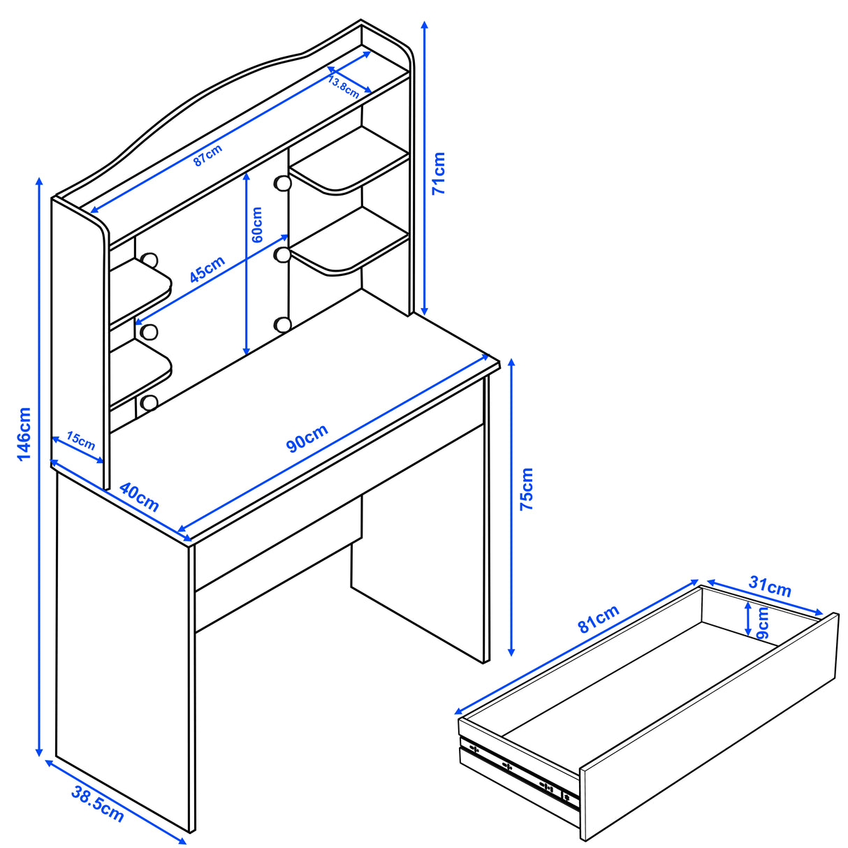 Dressing Table With Mirror & LED Lights - Makeup Vanity Desk featuring 5 storage shelves, 1 large drawer, and dimensions labeled in cm for easy fitting.