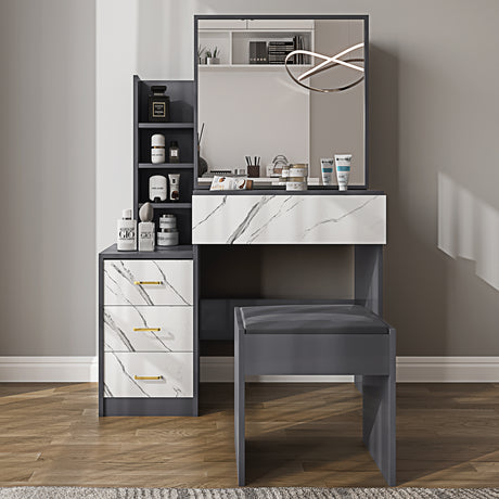 Elegant dressing table with drawers, marble design, and mirror for organized bedroom