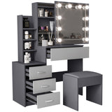 Dressing table drawers LED mirror, grey drawers, storage shelves, and stool for modern bedrooms.