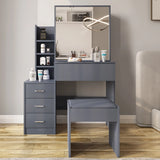 Dressing Table with Storage, Drawers and Mirror in sleek grey finish. Features cushioned stool, side shelves, and modern vanity mirror.