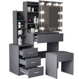 Dressing table gray with LED mirror, spacious drawers, and shelves for stylish storage.