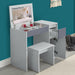 Dressing table grey with storage, mirror, and stool, featuring organized compartments.