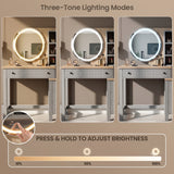 [Grey] Linra Grey Painted Dressing Table with LED Mirror and Storage showing three-tone lighting modes and brightness slider.