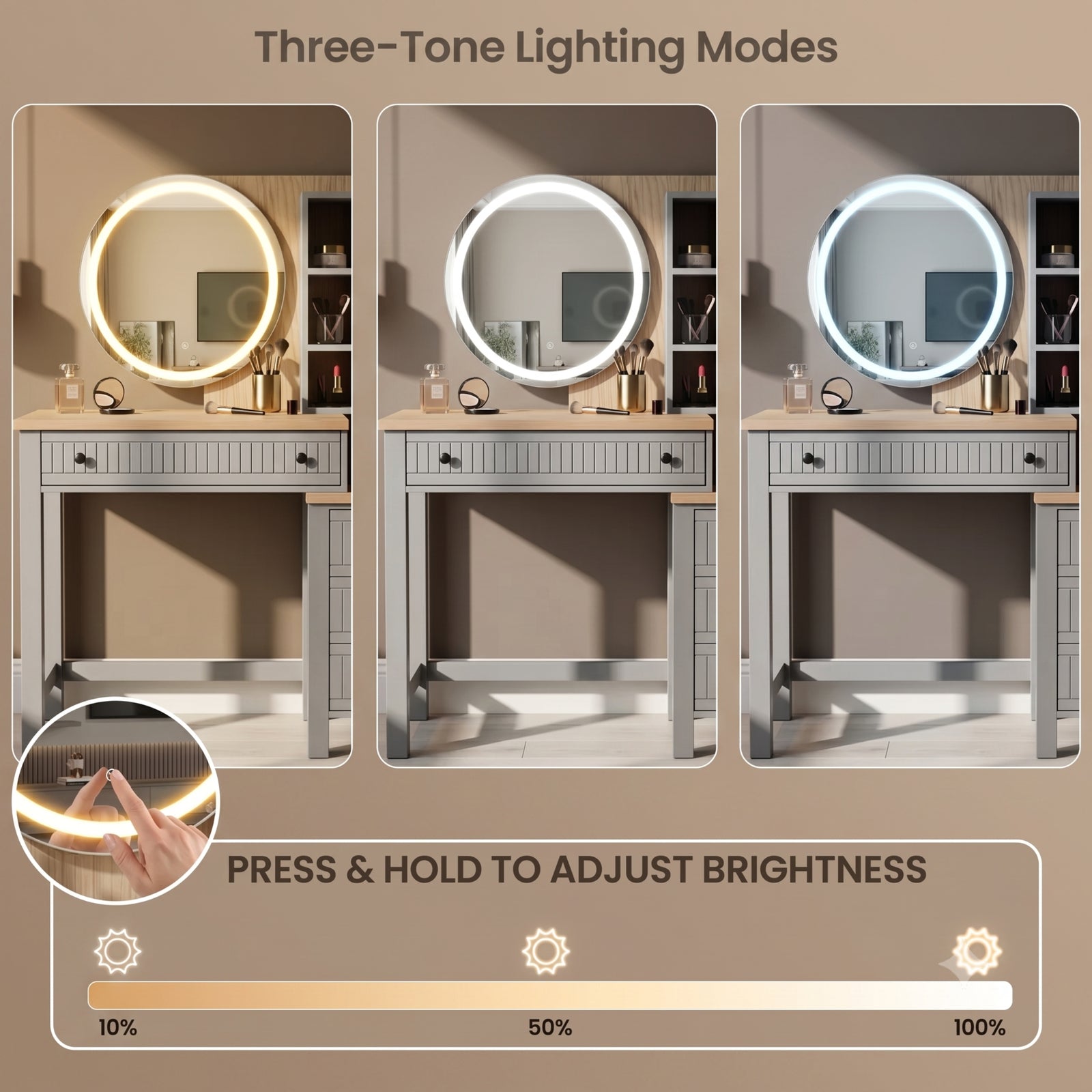 [Grey] Linra Grey Painted Dressing Table with LED Mirror and Storage showing three-tone lighting modes and brightness slider.