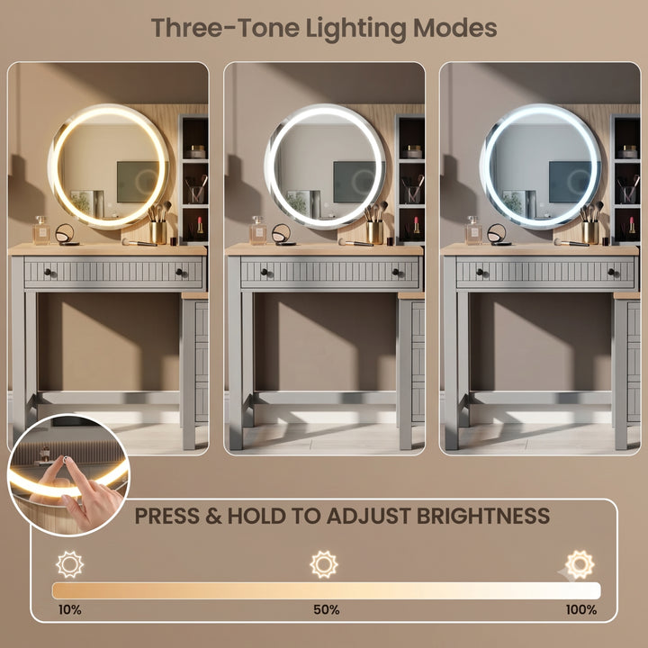 [Grey] Linra Grey Painted Dressing Table with LED Mirror and Storage showing three-tone lighting modes and brightness slider.