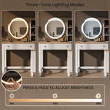 [White] Linra White Painted Dressing Table with LED Mirror and Storage graphics showing three different lighting modes.