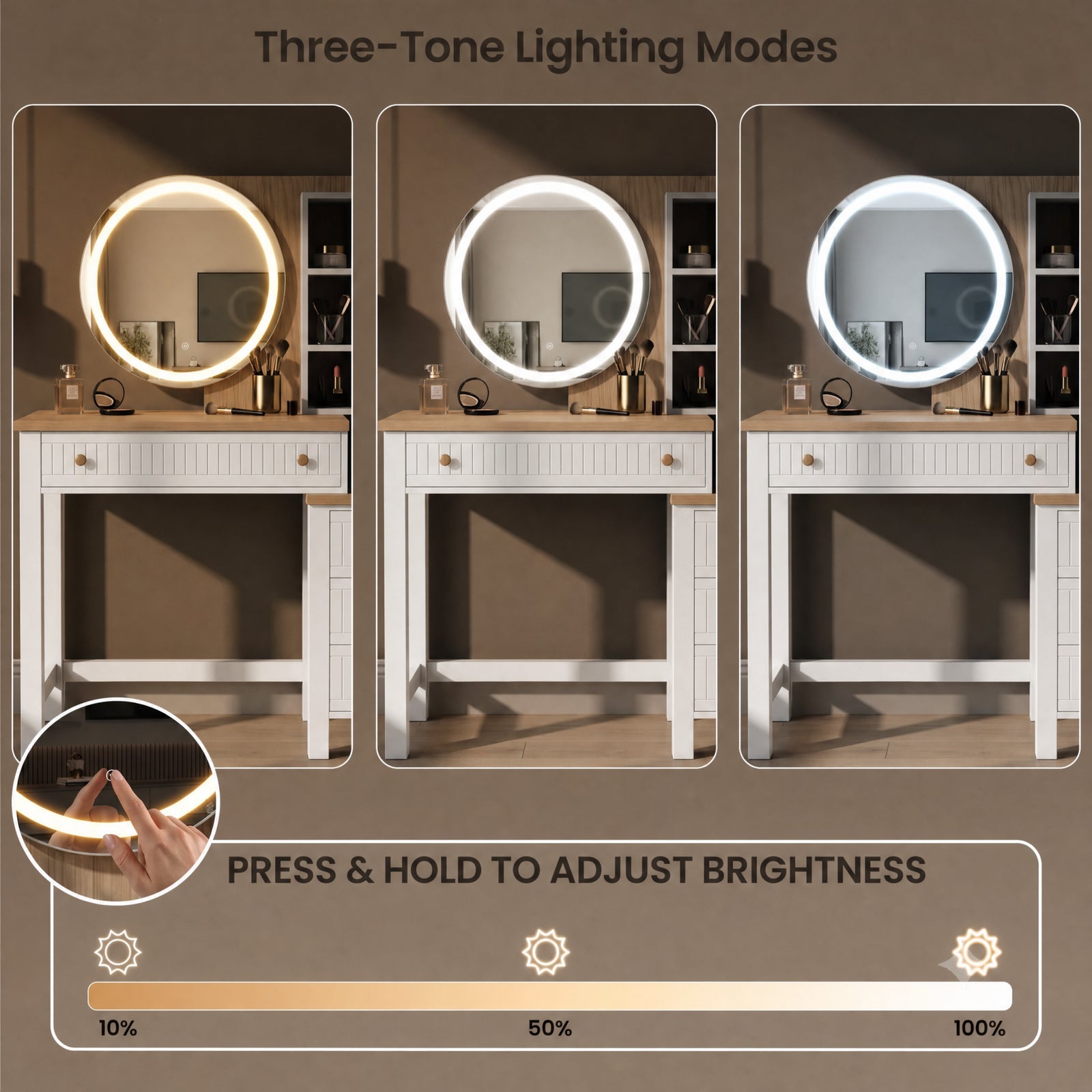 [White] Linra White Painted Dressing Table with LED Mirror and Storage graphics showing three different lighting modes.