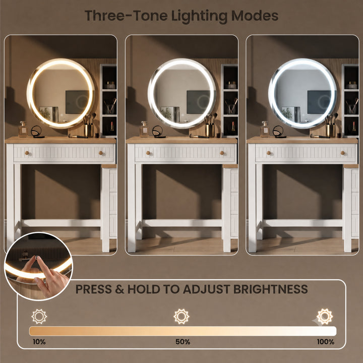[White] Linra White Painted Dressing Table with LED Mirror and Storage graphics showing three different lighting modes.