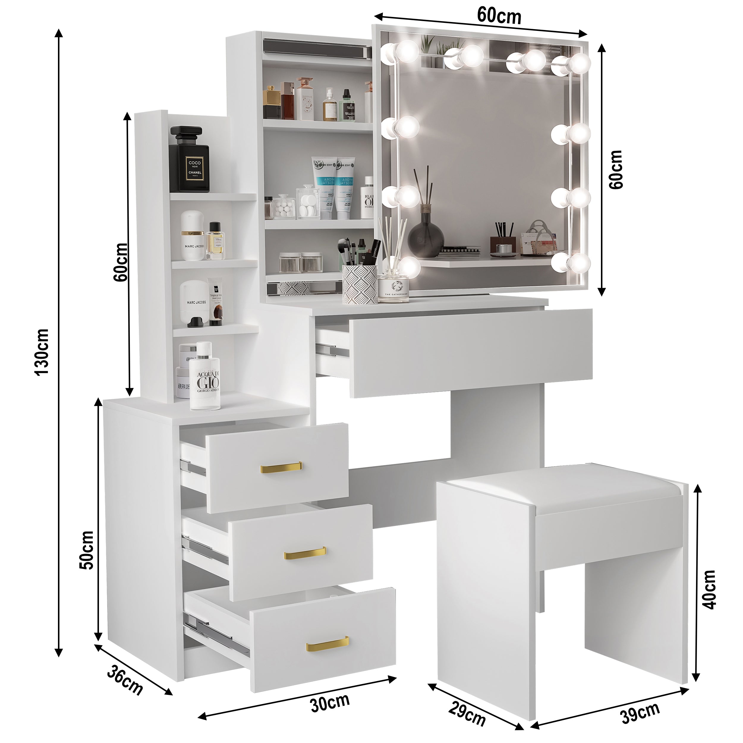 Dressing table with light up mirror, storage drawers, and stool, featuring dimensions.