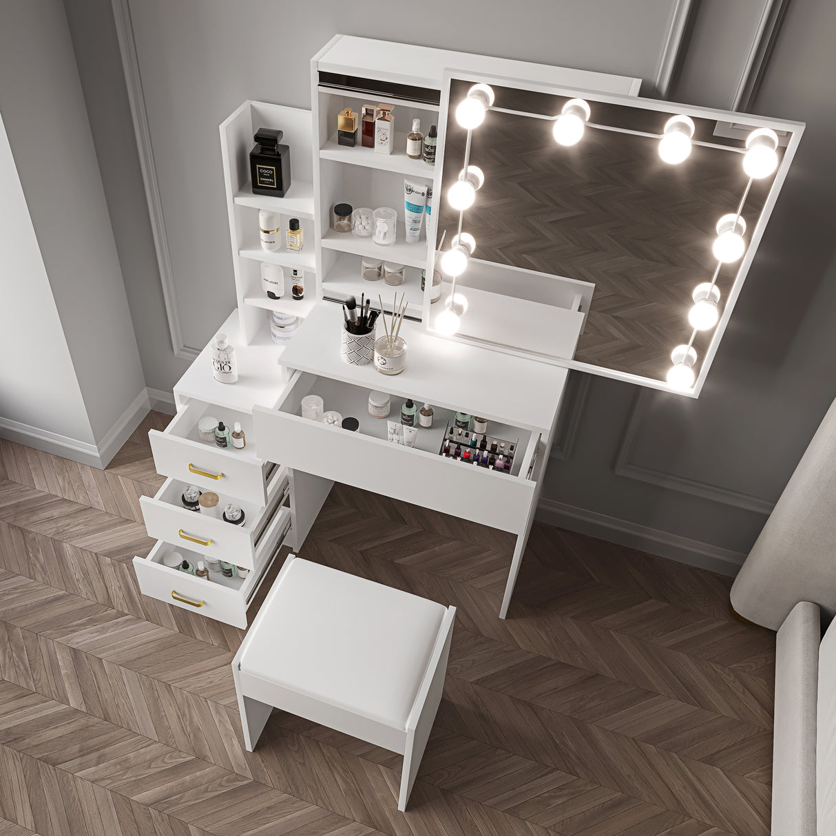 Dressing table lights, spacious drawers, and shelves for makeup and storage needs.