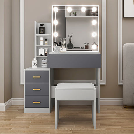 Modern dressing table makeup mirror, grey drawers, and stool for bedrooms.