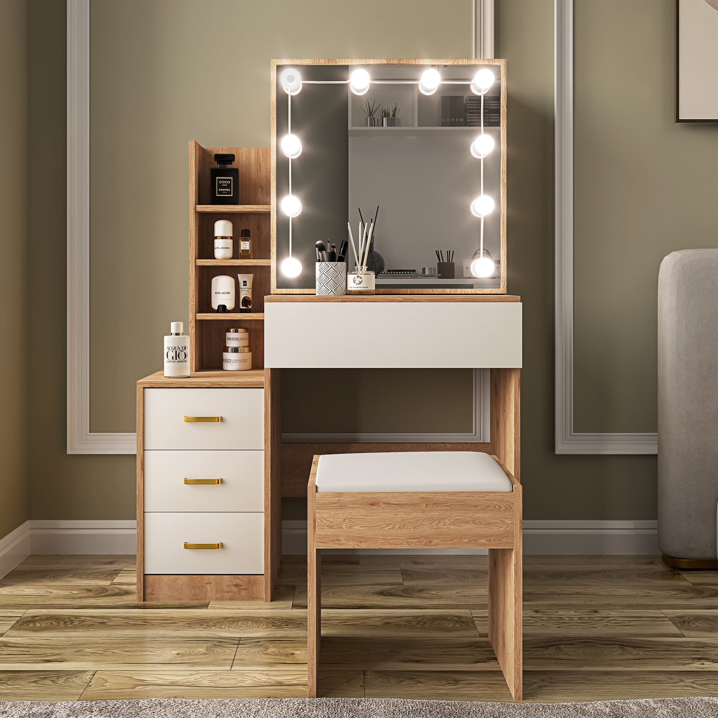 Dressing table makeup storage with LED mirror, pine finish, white drawers, and stool.