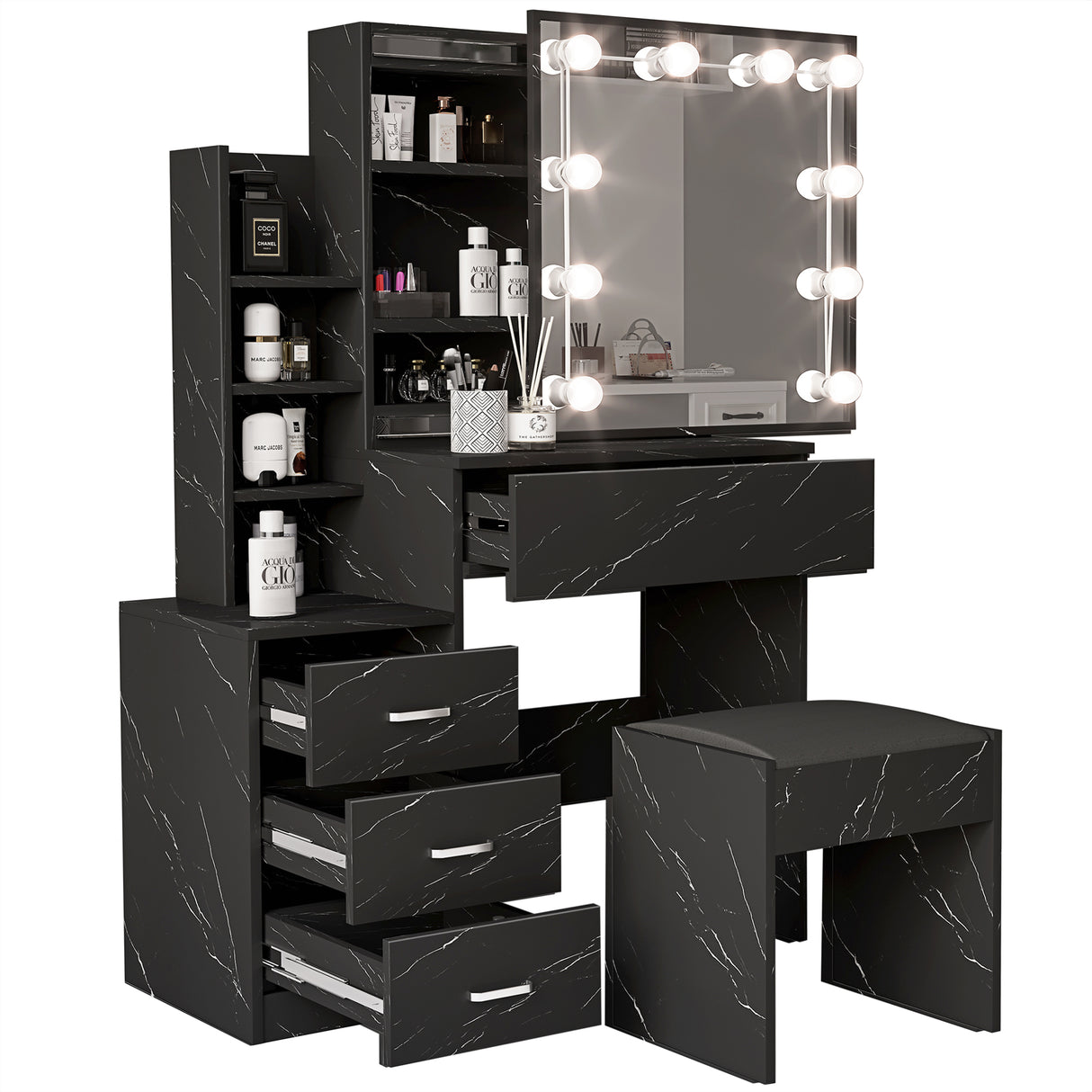 Dressing table mirror with drawers and lights, perfect for makeup and storage.