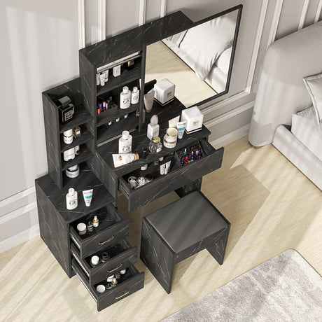 Modern black dressing table mirror with drawers and storage for bedroom organization