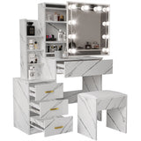 White marble dressing table mirror with lights and drawers for modern bedrooms.