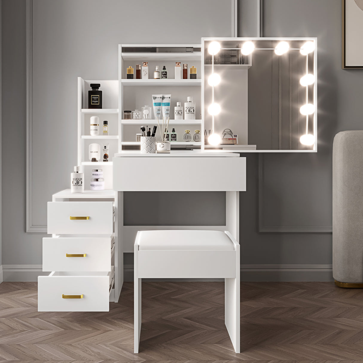 Dressing table mirror with lights, drawers, and storage shelves for modern bedrooms.