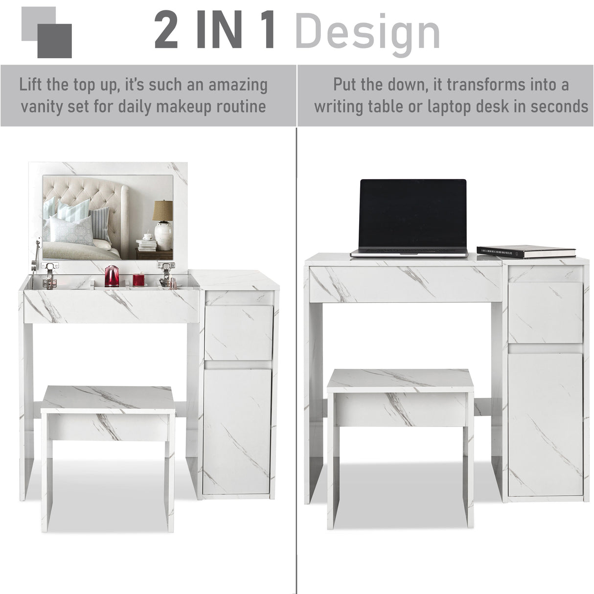 2-in-1 dressing table mirror with storage that transforms into a writing table or laptop desk.